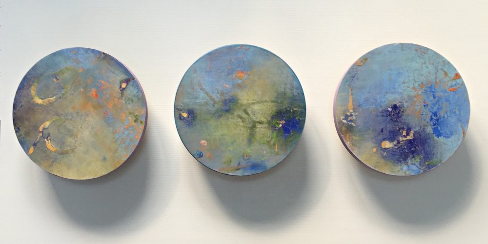 Liminal Constellation – three of nine 12 inch discs, acrylic on canvas on panel, 2015, private collection